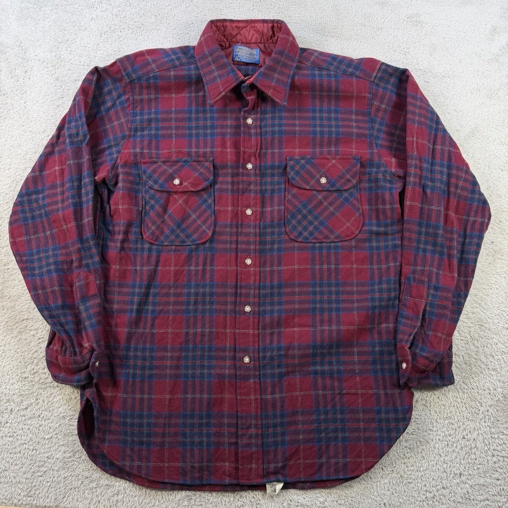 Vintage Pendleton Shirt Mens Large Red Blue Plaid 100% Wool Made USA Button Up